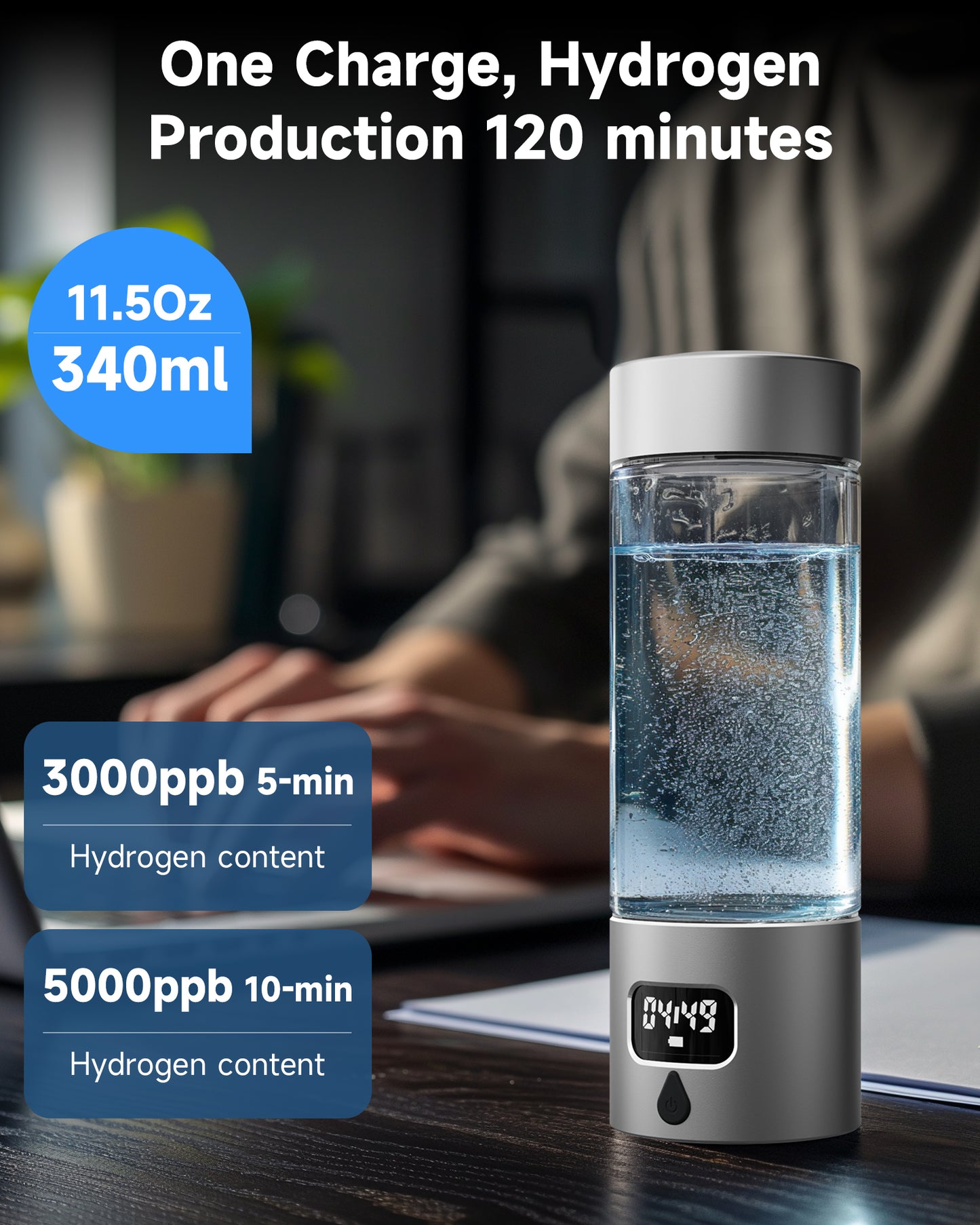 Hydrogen Water Bottle - Portable, Rechargeable, LED Timer, Aluminum and Glass, 5000 PPB Hydrogen in 10 Minutes, 340ml Capacity, for Husband, Friend & Family, for Travel, Sports, Home, Office