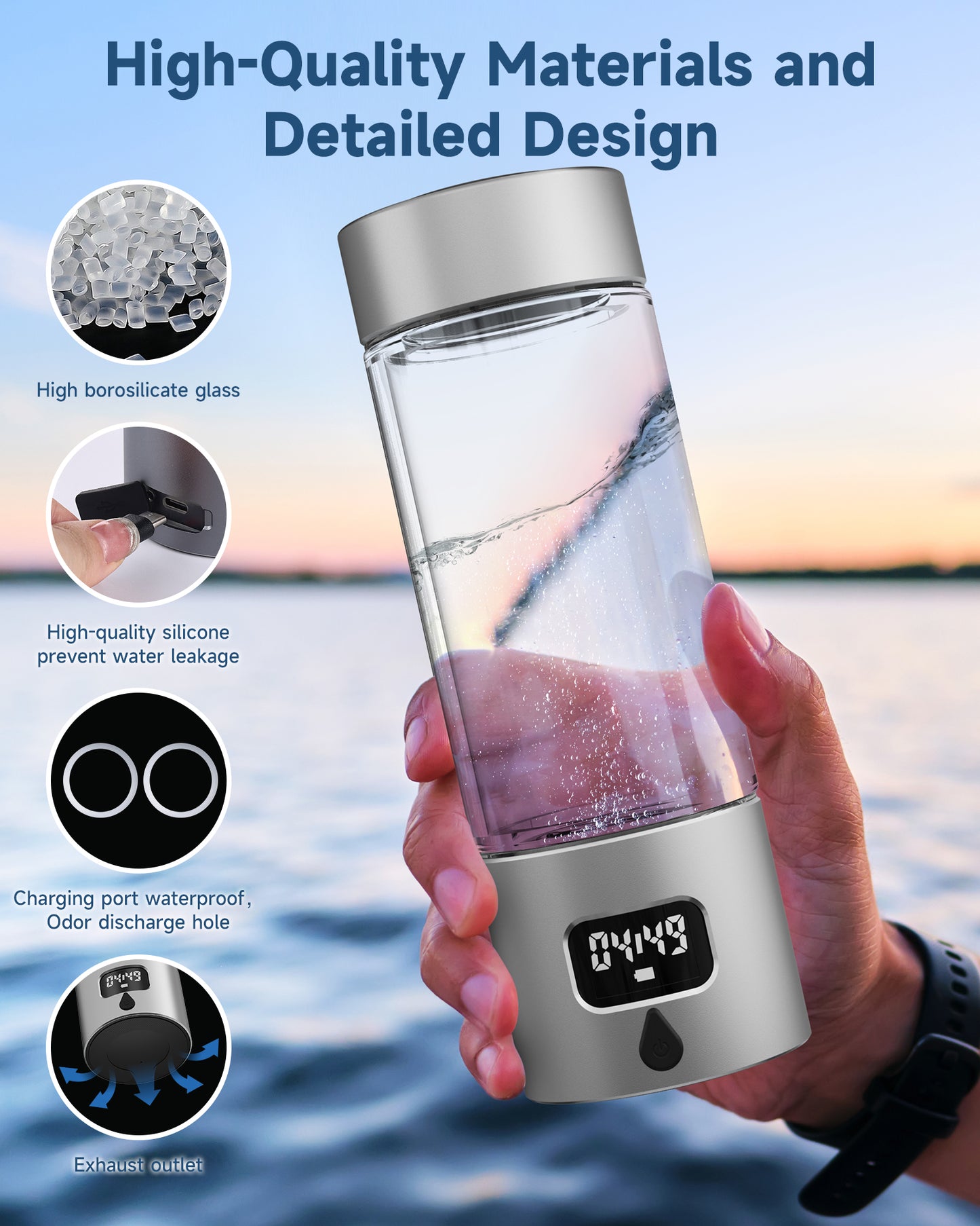 Hydrogen Water Bottle - Portable, Rechargeable, LED Timer, Aluminum and Glass, 5000 PPB Hydrogen in 10 Minutes, 340ml Capacity, for Husband, Friend & Family, for Travel, Sports, Home, Office