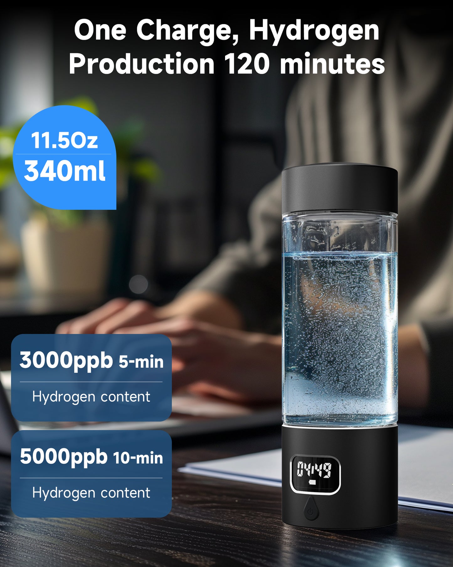 Hydrogen Water Bottle - Portable, Rechargeable, LED Timer, Aluminum and Glass, 5000 PPB Hydrogen in 10 Minutes, 340ml Capacity, for Husband, Friend & Family, for Travel, Sports, Home, Office（Black）