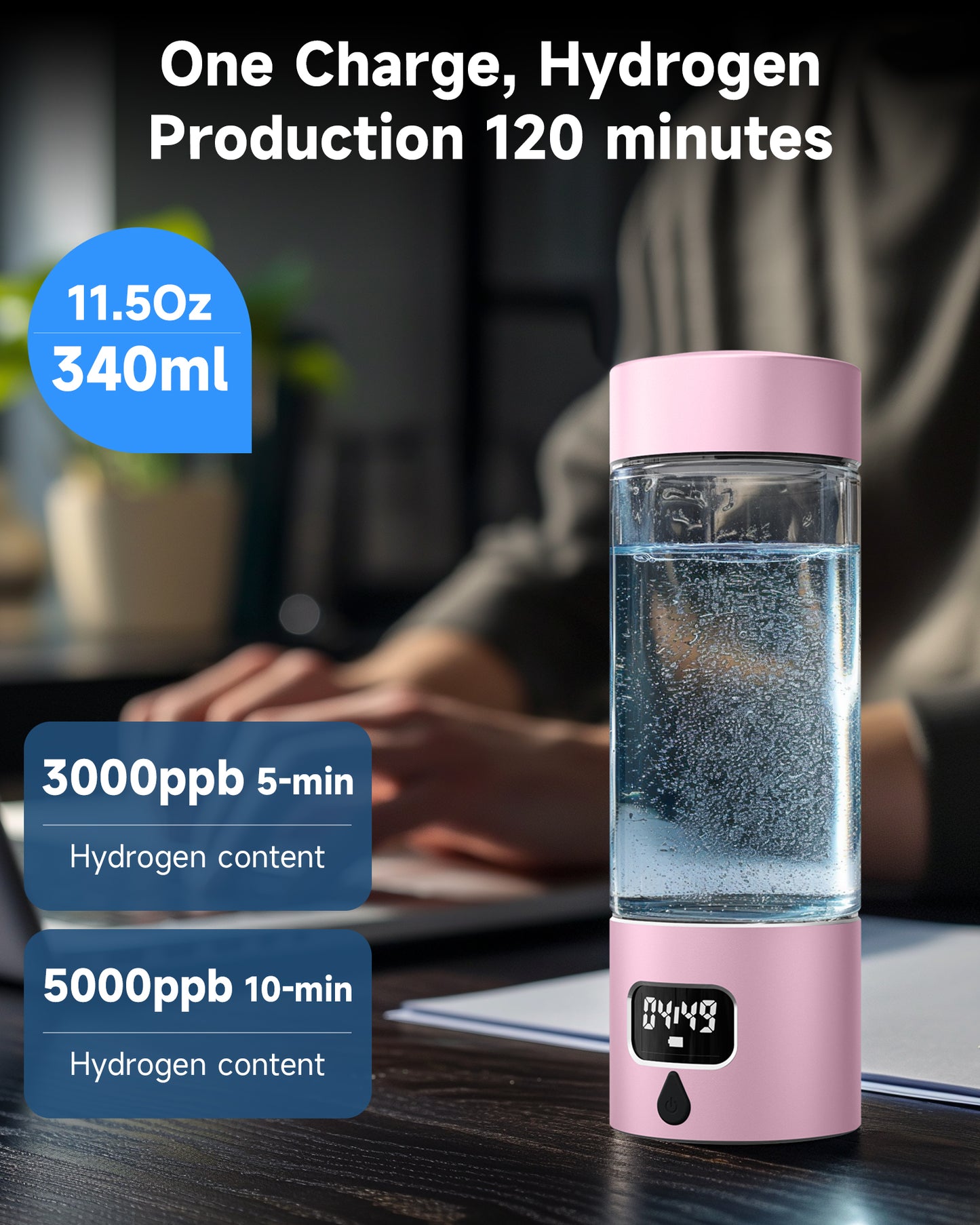 Hydrogen Water Bottle - Portable, Rechargeable, LED Timer, Aluminum and Glass, 5000 PPB Hydrogen in 10 Minutes, 340ml Capacity, for Husband, Friend & Family, for Travel, Sports, Home, Office（Pink）