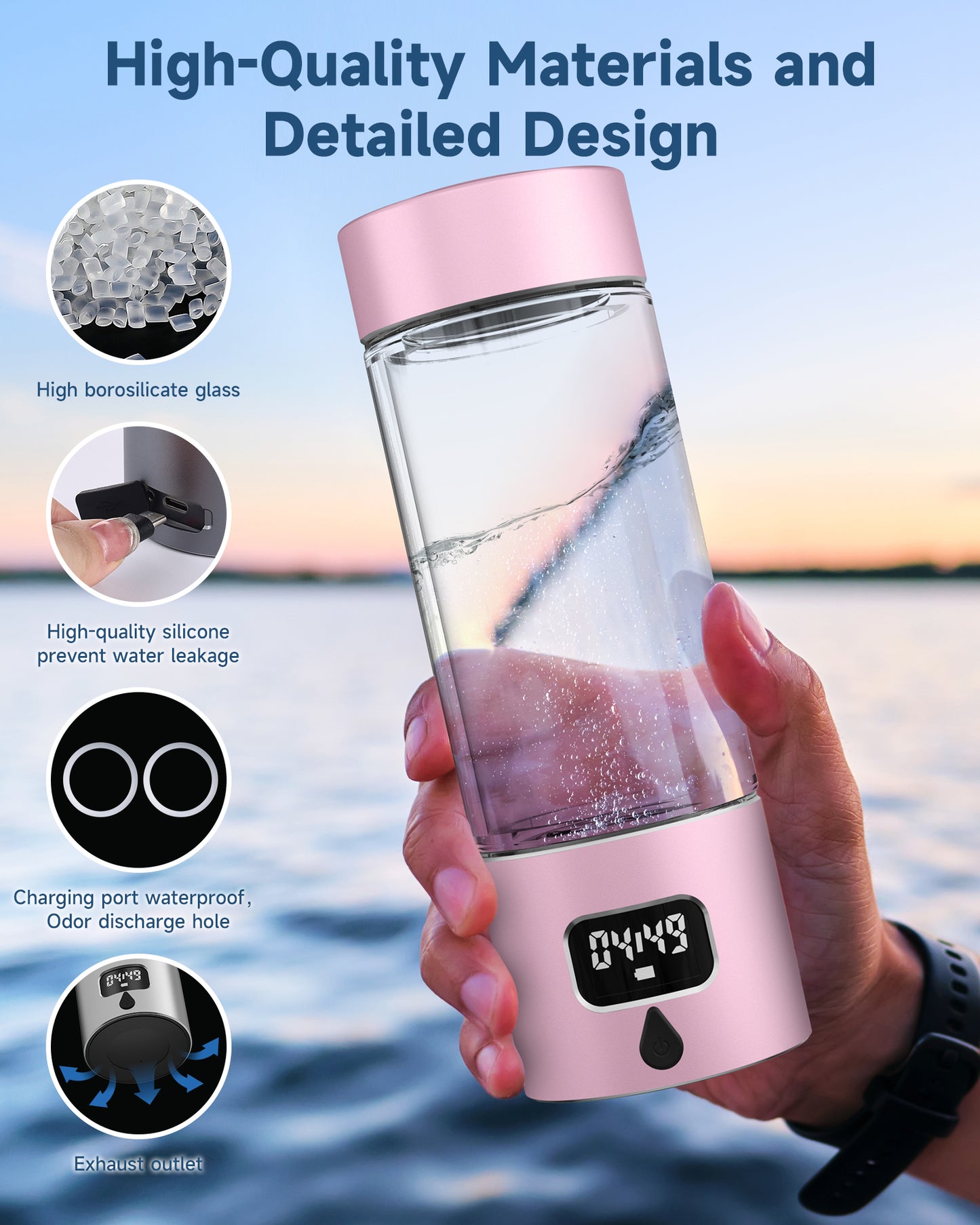 Hydrogen Water Bottle - Portable, Rechargeable, LED Timer, Aluminum and Glass, 5000 PPB Hydrogen in 10 Minutes, 340ml Capacity, for Husband, Friend & Family, for Travel, Sports, Home, Office（Pink）