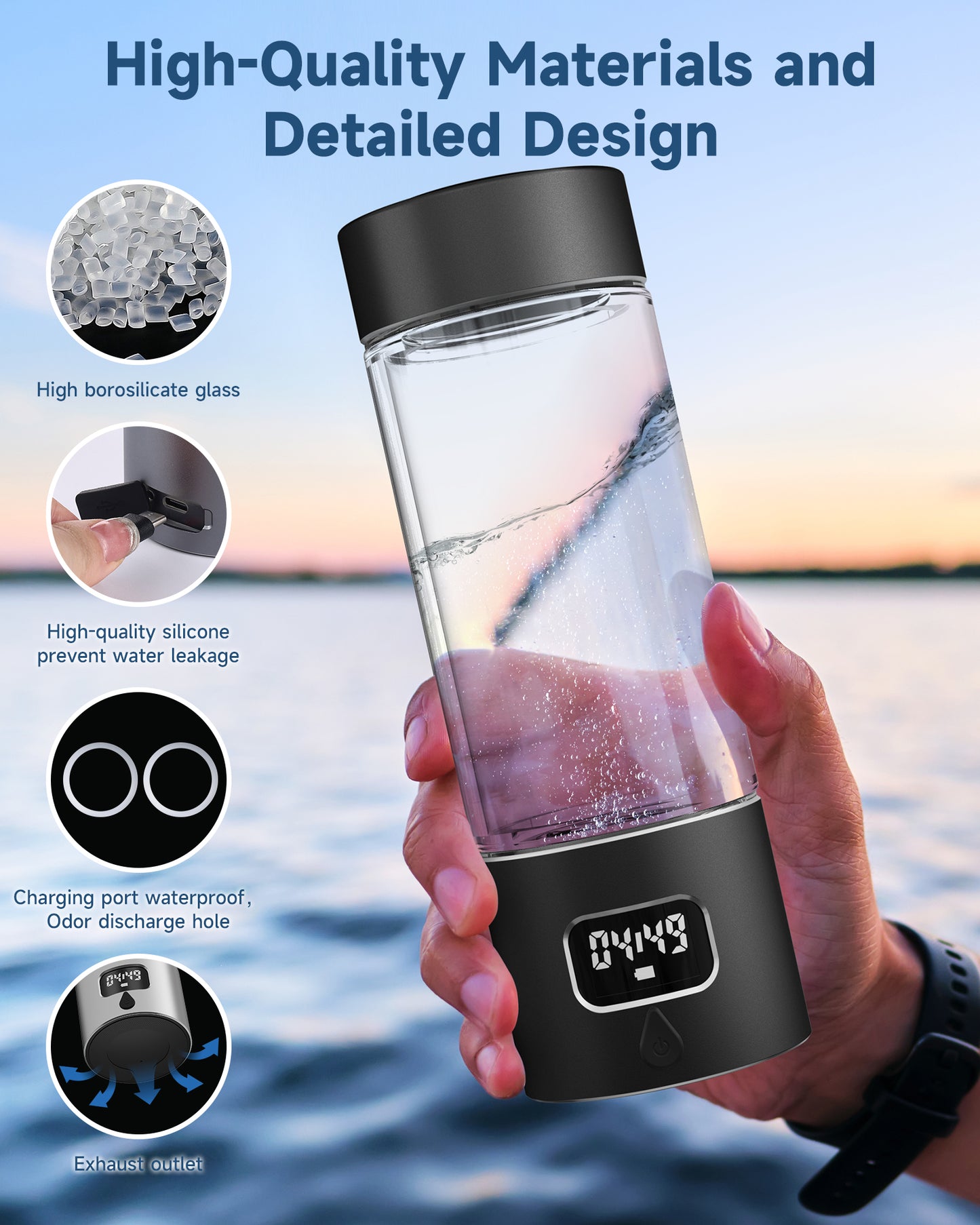 Hydrogen Water Bottle - Portable, Rechargeable, LED Timer, Aluminum and Glass, 5000 PPB Hydrogen in 10 Minutes, 340ml Capacity, for Husband, Friend & Family, for Travel, Sports, Home, Office（Black）